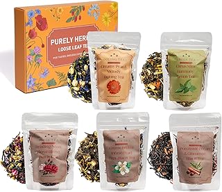 Loose Leaf Tea Sampler Assorted Flavored Tea Gift Set – 5 Natural Blends Relieving Stress & Great Gift For Tea Lovers- Herbal Tea Bags for Freshness, Up to 80 Cups