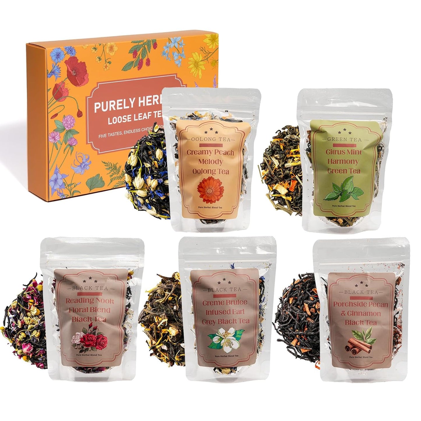 Loose Leaf Tea Sampler Assorted Flavored Tea Gift Set – 5 Natural Blends Relieving Stress & Great Gift For Tea Lovers- Herbal Tea Bags for Freshness