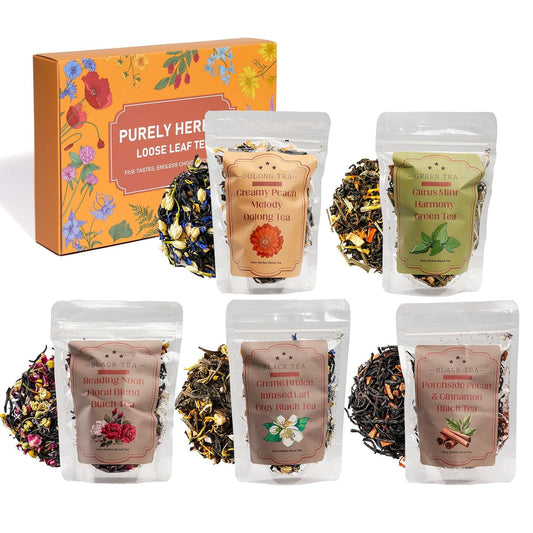Loose Leaf Tea Sampler Assorted Flavored Tea Gift Set – 5 Natural Blends Relieving Stress & Great Gift For Tea Lovers- Herbal Tea Bags for Freshness