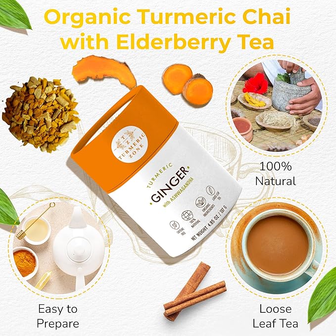 Turmeric Zone Organic Turmeric Ginger Ashwagandha Decaf Tea made with Turmeric Root, Ginger Root, Ashwagandha Root, Cinnamon, Black Pepper - 4.85 oz
