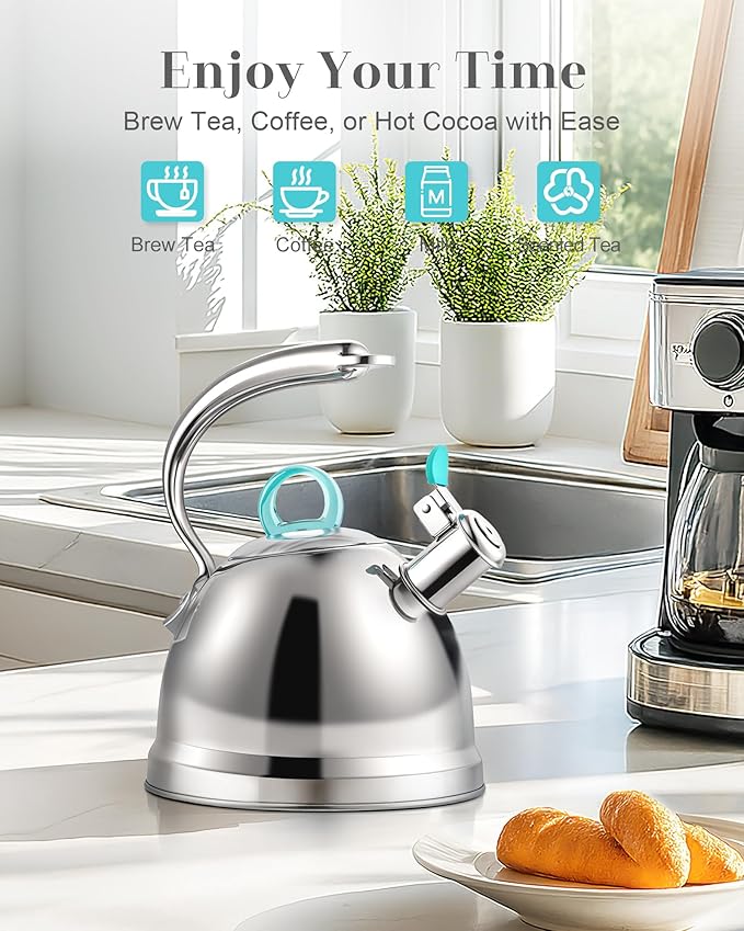 Harriet Tea Kettle Stovetop, 2.5 Quart Whistling Stainless Steel Tea Pot, 3-Layer Base, Unique Ergonomic Handle, Includes Pot Holder & Mat