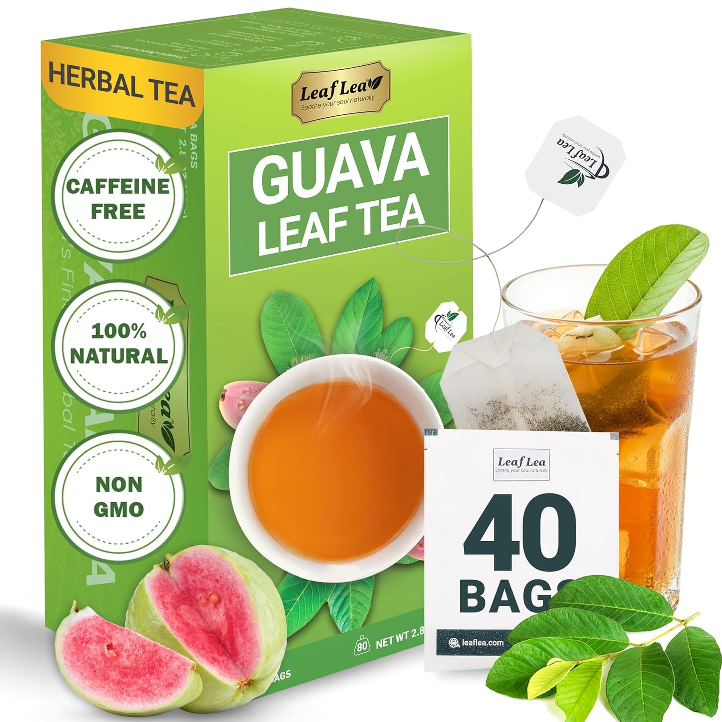 LeafLea Guava Leaf Tea Bags, Hojas De Guayaba, Caffeine-Free, 40 Count