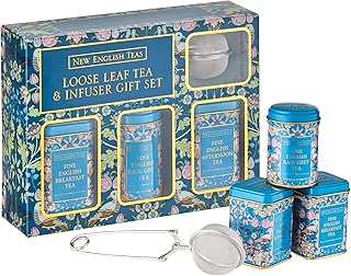 New English Teas Loose Leaf Tea & Infuser Gift Set – 3 Song Thrush Tins with Breakfast, Earl Grey & Afternoon Blends with Loose Tea Infuser