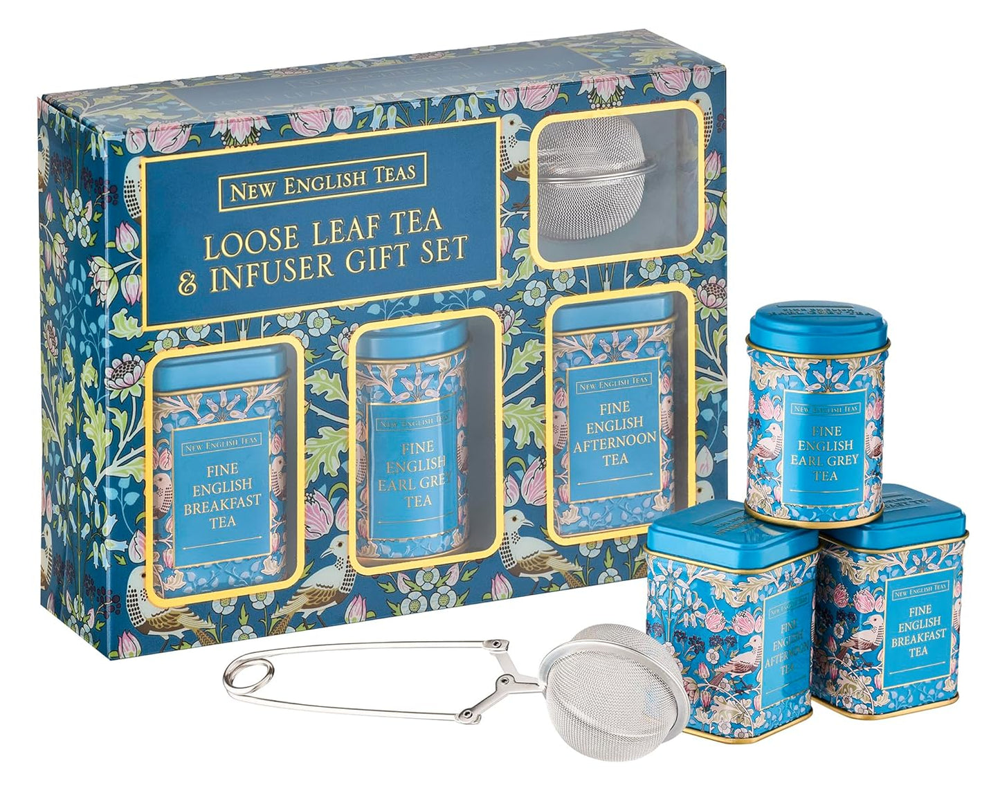 New English Teas Song Thrush Tea Infuser Set with 2.5 oz Loose Leaf Tea | Black Tea, English Breakfast, Earl Grey + Infuser Included, Gifts for Tea Lovers