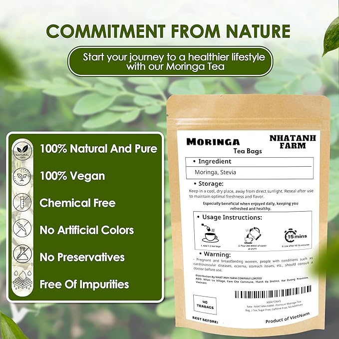 Nhat ANH Farm - Premium Moringa Tea Bags, 40 Tea Bags, 100% Natural Dried Moringa Leaves, Naturally Sweet Herbal Tea, Sugar-Free, Caffeine-Free