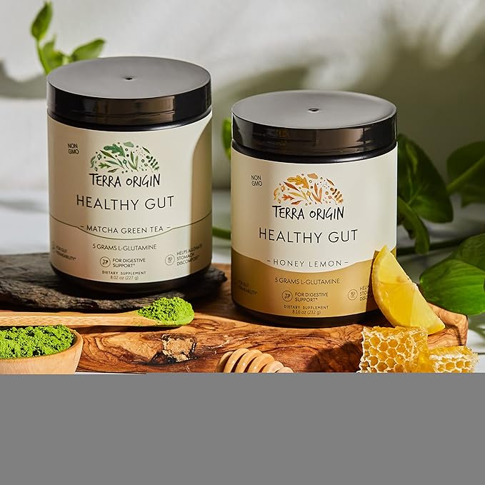 Terra Origin Healthy Gut Powder (Honey Lemon), 30-Servings with L-Glutamine, Zinc, Glucosamine, Slippery Elm Bark and More!