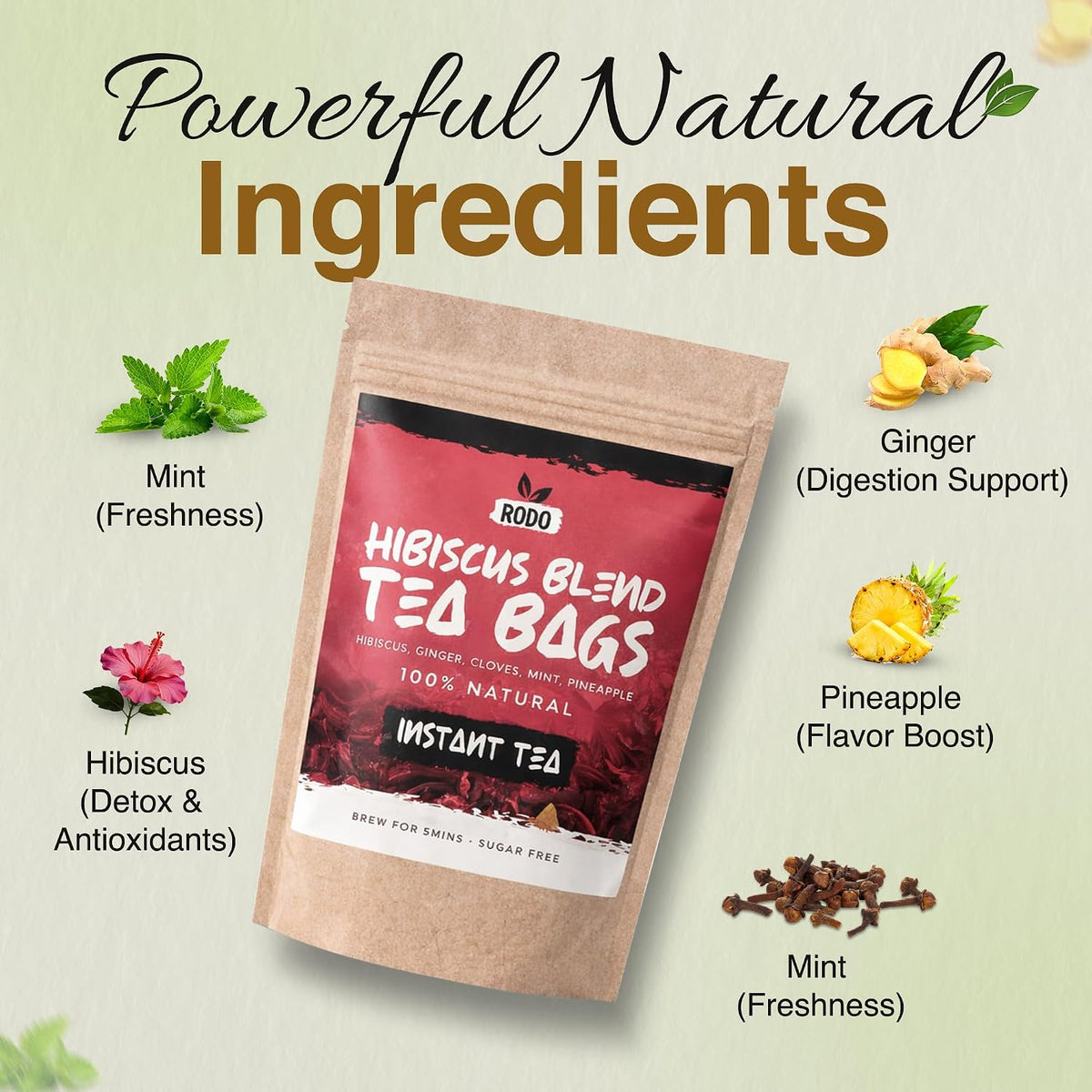 Hibiscus Tea Bags - 30 Count Herbal Tea Blend with Ginger, Mint, Cloves &amp; Pineapple | Caffeine-Free | Sugar Free | Premium Hibiscus Tea