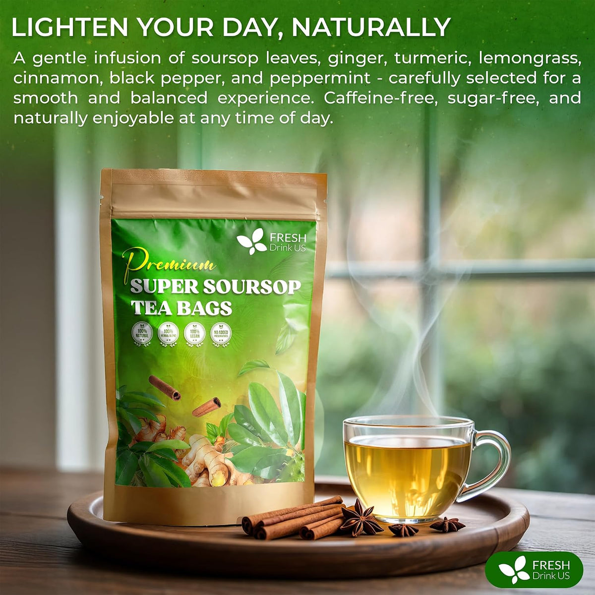 FreshDrinkUS, Super Soursop Herbal Tea – 60 Tea Bags | Soursop, Ginger, Turmeric, Lemongrass, Cinnamon, Black Pepper &amp; Peppermint | Caffeine-Free, Natural Flavor, Plant-Based Blend | Sugar-Free