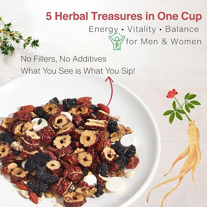 Herbal Tea Formula Ginseng Six Treasure Tea – 10g x 20 Bags Ginseng & Mulberry Herbal Tea Bags, Herbal Tea for Men & Women with Goji, Red Dates & Maca