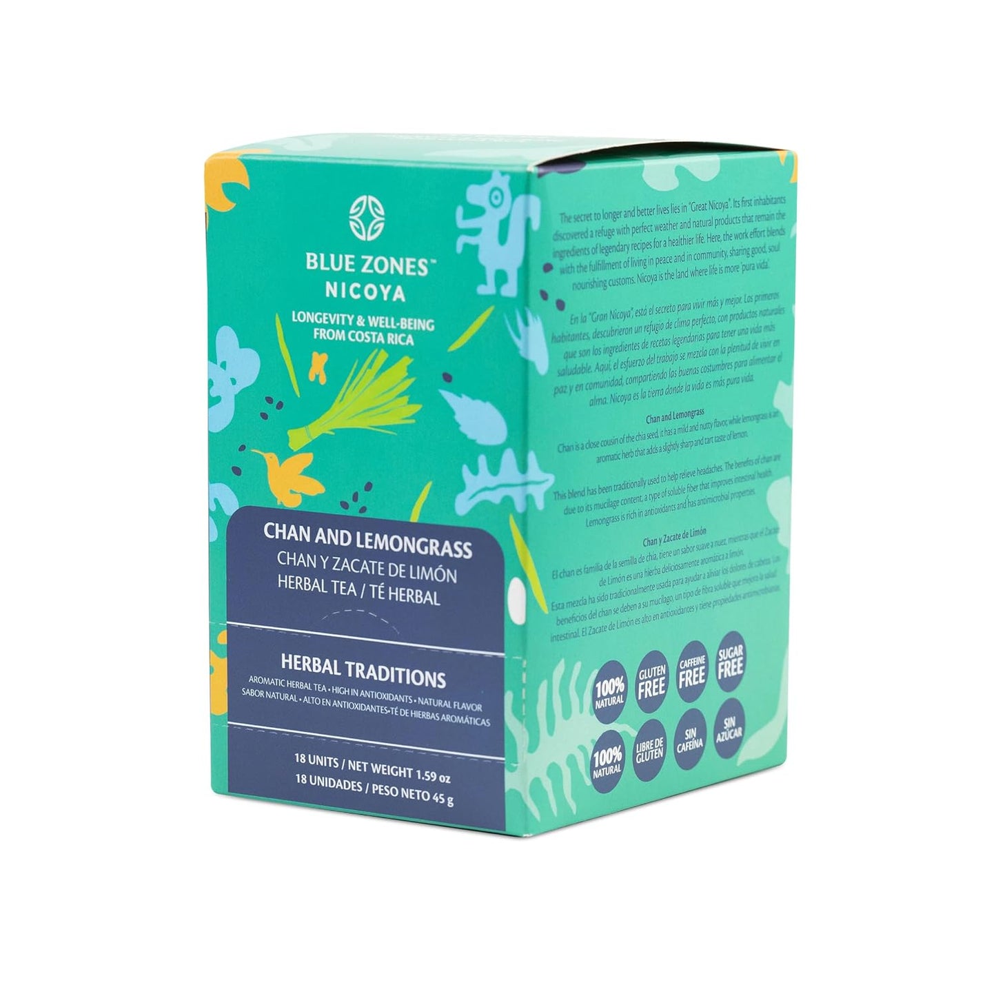 Blue Zones Nicoya Chan &amp; Lemon Grass Herbal Tea Pack of 18 (1.6oz/45g) | 100% Natural, Organic, and Refreshing - High Micronutrients - Gluten, Caffeine, Sugar-Free