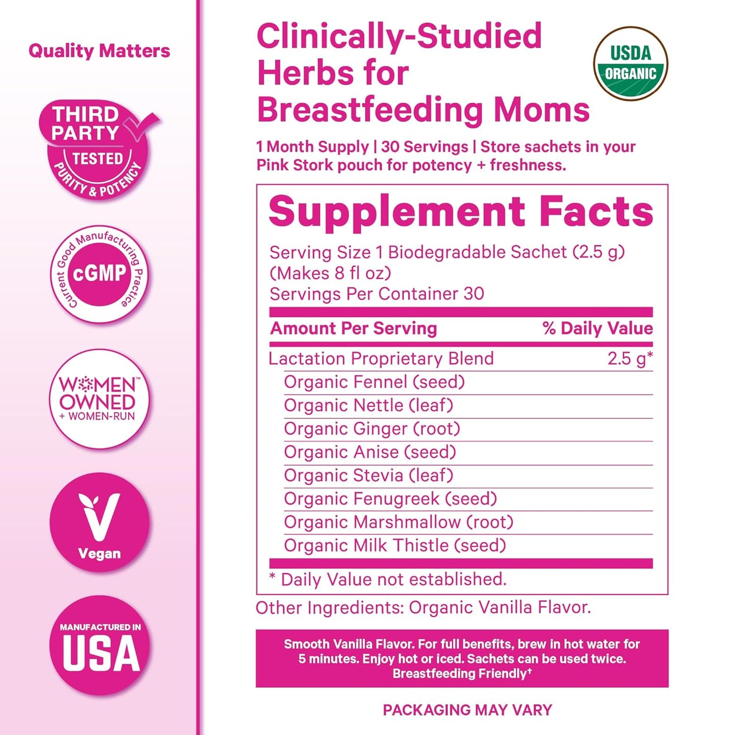 Pink Stork Organic Lactation Tea – Fenugreek, Fennel, Milk Thistle + More – Support for Breastfeeding, Pumping, Hydration, Milk Flow – Smooth Vanilla – 15 Sachets, Caffeine-Free