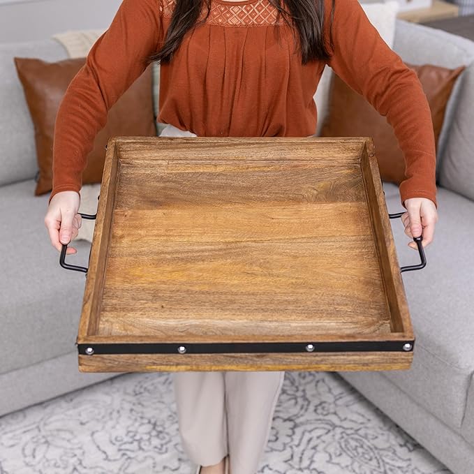 20"x20" Extra Large Square Ottoman Tray, Heavy Duty Mango Wood, for Serving Tea, Breakfast in Bed