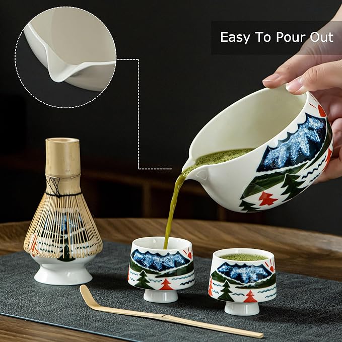 Fuji Mountain Matcha Bowl Set – 6-Pcs Hand-Painted Scenic Japanese Tea Ceremony Kit, Matcha Bowl with Spout, 2 Cups, Bamboo Whisk