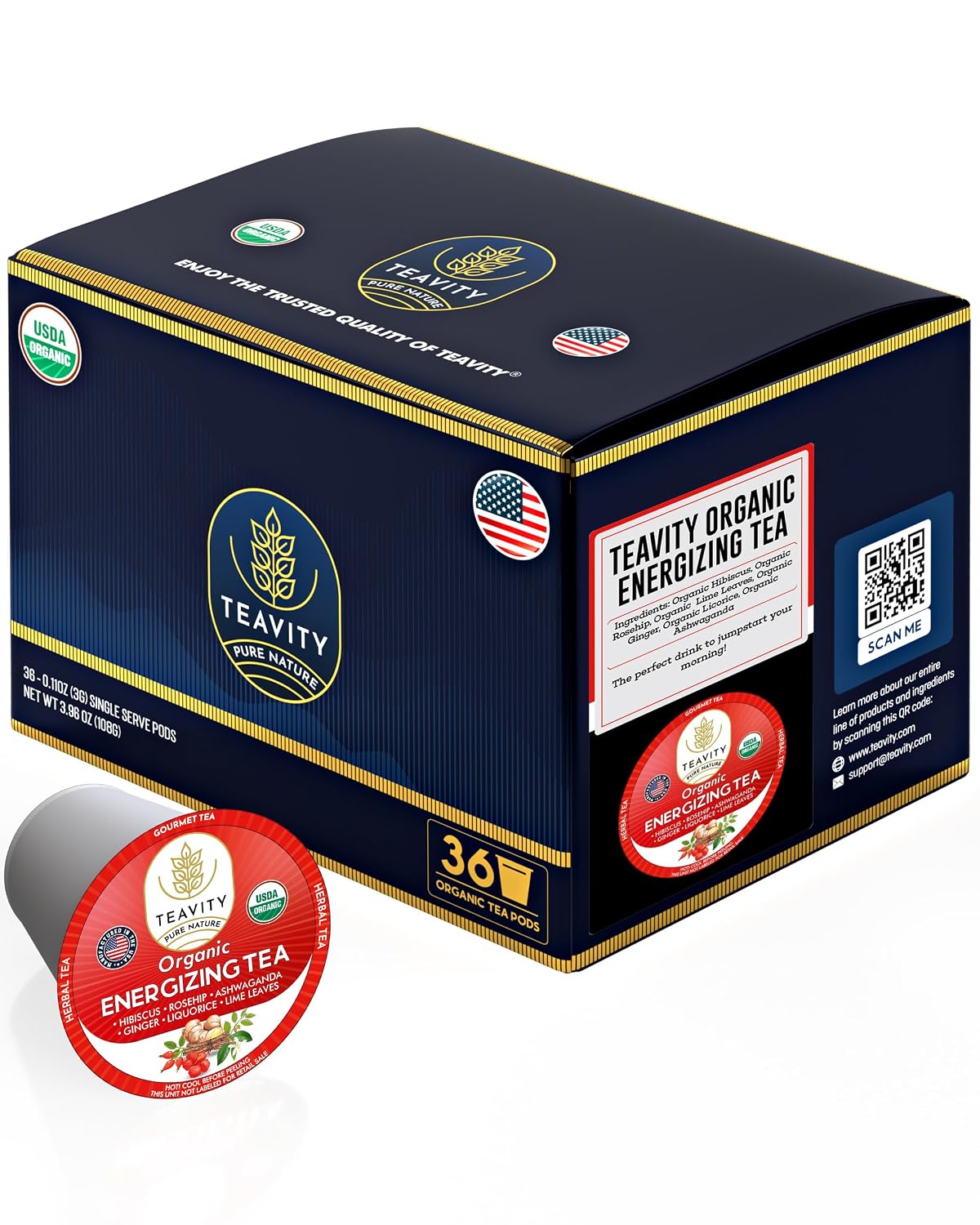 Organic Ashwagandha Tea Pods for Keurig with Ginger, Licorice, Organic Hibiscus Sabdariffa, Rosehip, &amp; Lime - Decaf Herbal Tea - Energizing Tea by Teavity (12 Count (Pack of 1), Organic Energizing Tea)