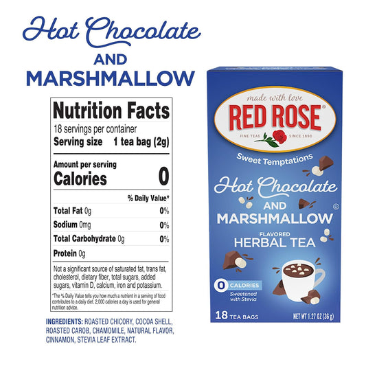 Red Rose Hot Chocolate with Marshmallow Dessert Tea, 18 Count, Pack of 6 | Sweet, dessert-inspired herbal tea | Naturally flavored | Caffeine-free | Ideal sweet treat