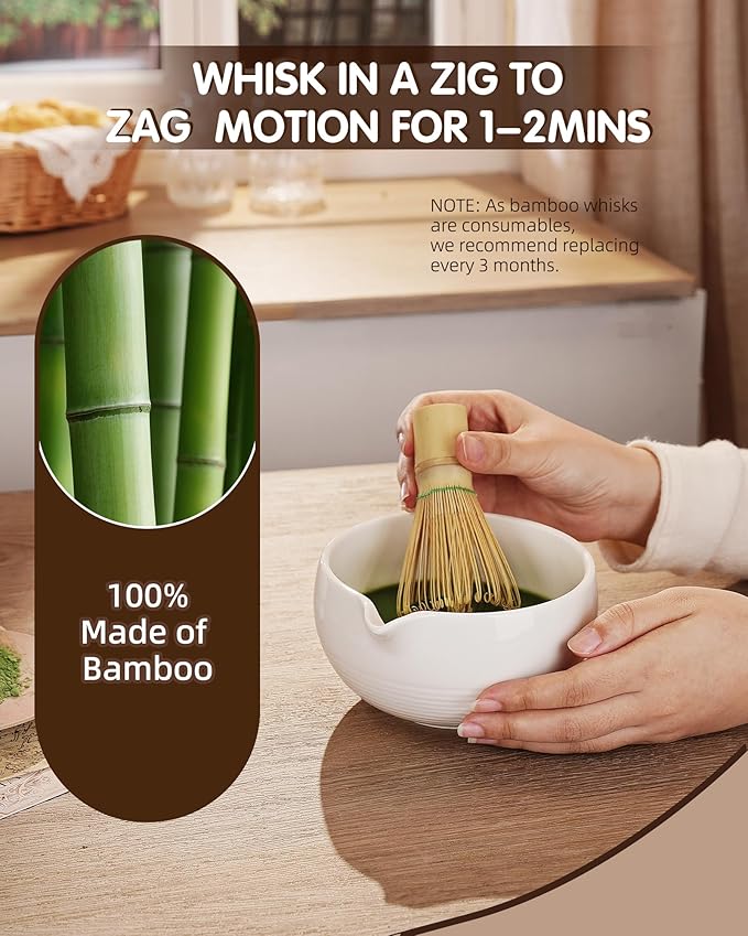 Zens Matcha Whisk Set, 5pcs Matcha Kit Set Includes Ceramic Bowl, Bamboo Whisk and Chasen Holder