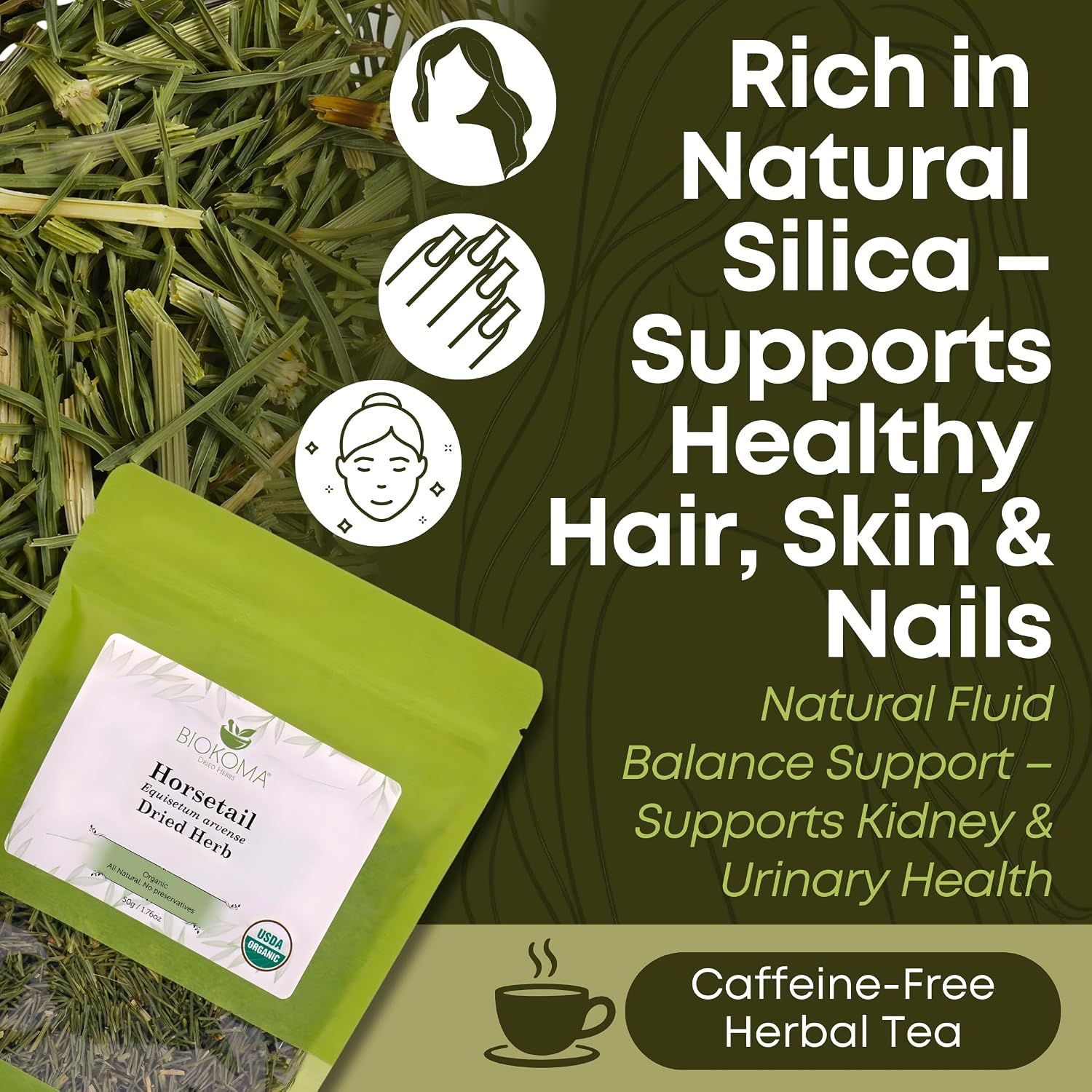 Biokoma Organic Horsetail Herb Tea 50g (Shavegrass) – Supports Healthy Hair, Skin and Nails – USDA Certified Organic Loo