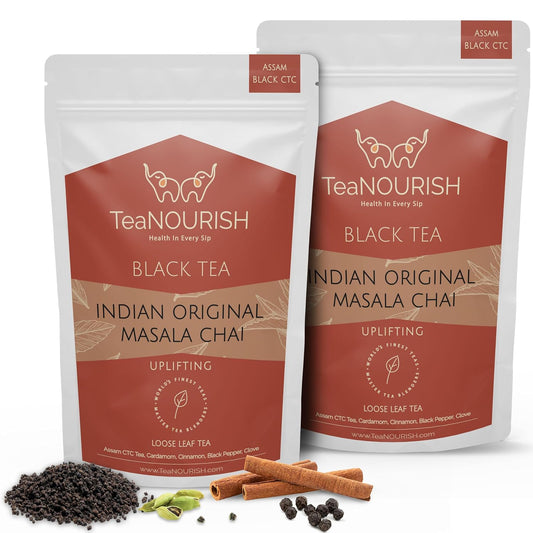 TeaNOURISH Indian Original Masala Chai Tea | Assam CTC Black Tea Loose | Blended with Cinnamon, Cardamom, Black Pepper &amp; Cloves | 100% NATURAL INGREDIENTS - 3.53oz/100g (Pack of 2)