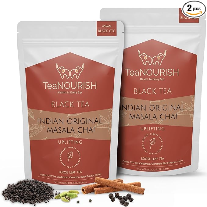 TeaNOURISH Indian Original Masala Chai Tea, Assam CTC Black Tea Loose, Blended with Cinnamon, Cardamom, Black Pepper & Cloves