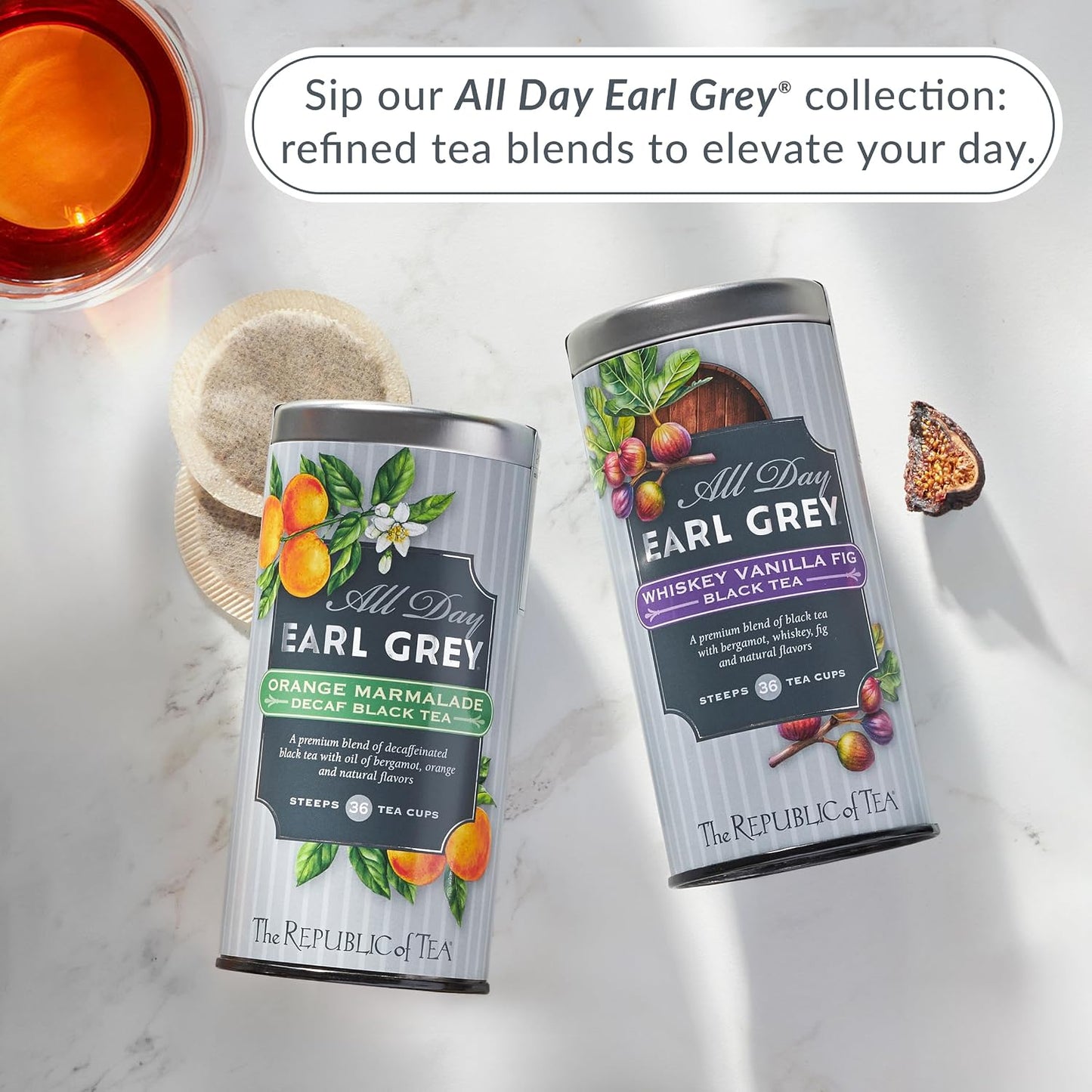 The Republic of Tea All Day Earl Grey Whiskey Vanilla Fig Black Tea, 36 Ct | Naturally Caffeinated. Made for morning or afternoon. Brisk and full-bodied with notes of lively citrus and bright bergamot.