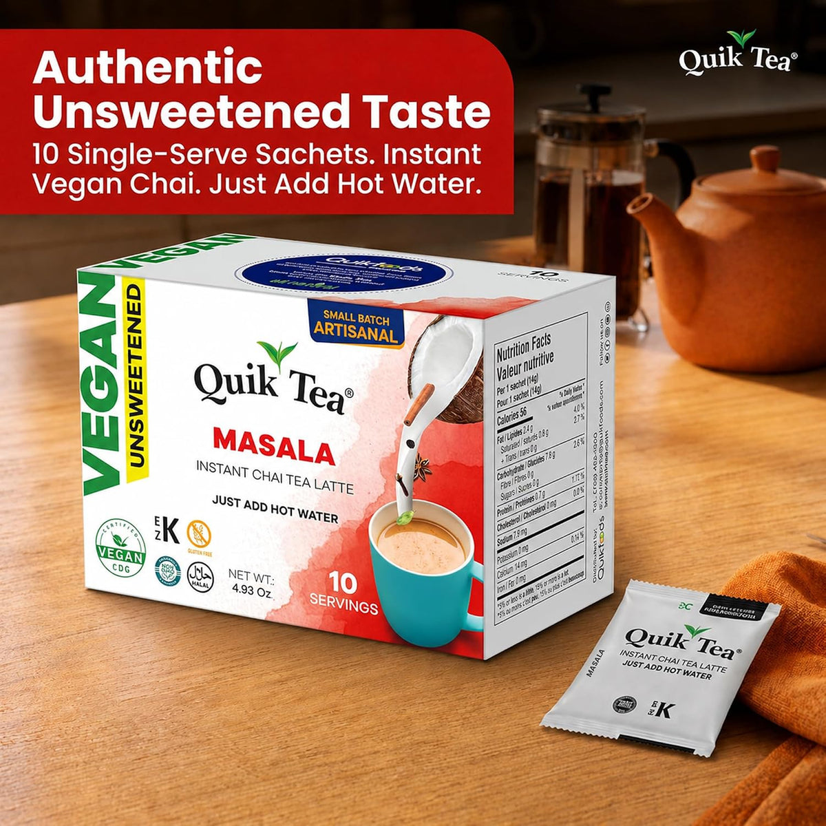QuikTea Vegan Instant Chai Tea Latte Mix, Masala, Unsweetened, 10 Sachets