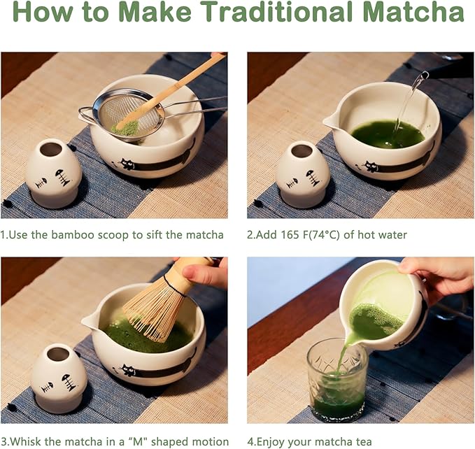 Matcha Whisk Set Cat Themed, Cute Japanese Matcha Set Preparation Gift Kit Including Ceramic Bowl and Whisk Holder, Bamboo Scoop, Birthday Gift for Women Girls Wife, White