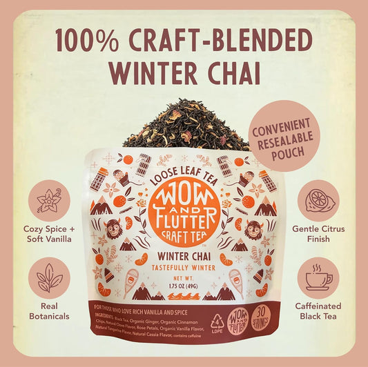 Wow and Flutter Winter Chai Loose Leaf Black Tea, Ginger &amp; Cinnamon 1.75 oz | Caffeinated spiced blend cloves, vanilla, rose, bright citrus finish for cozy at-home lattes, Small-batch dependable flavor