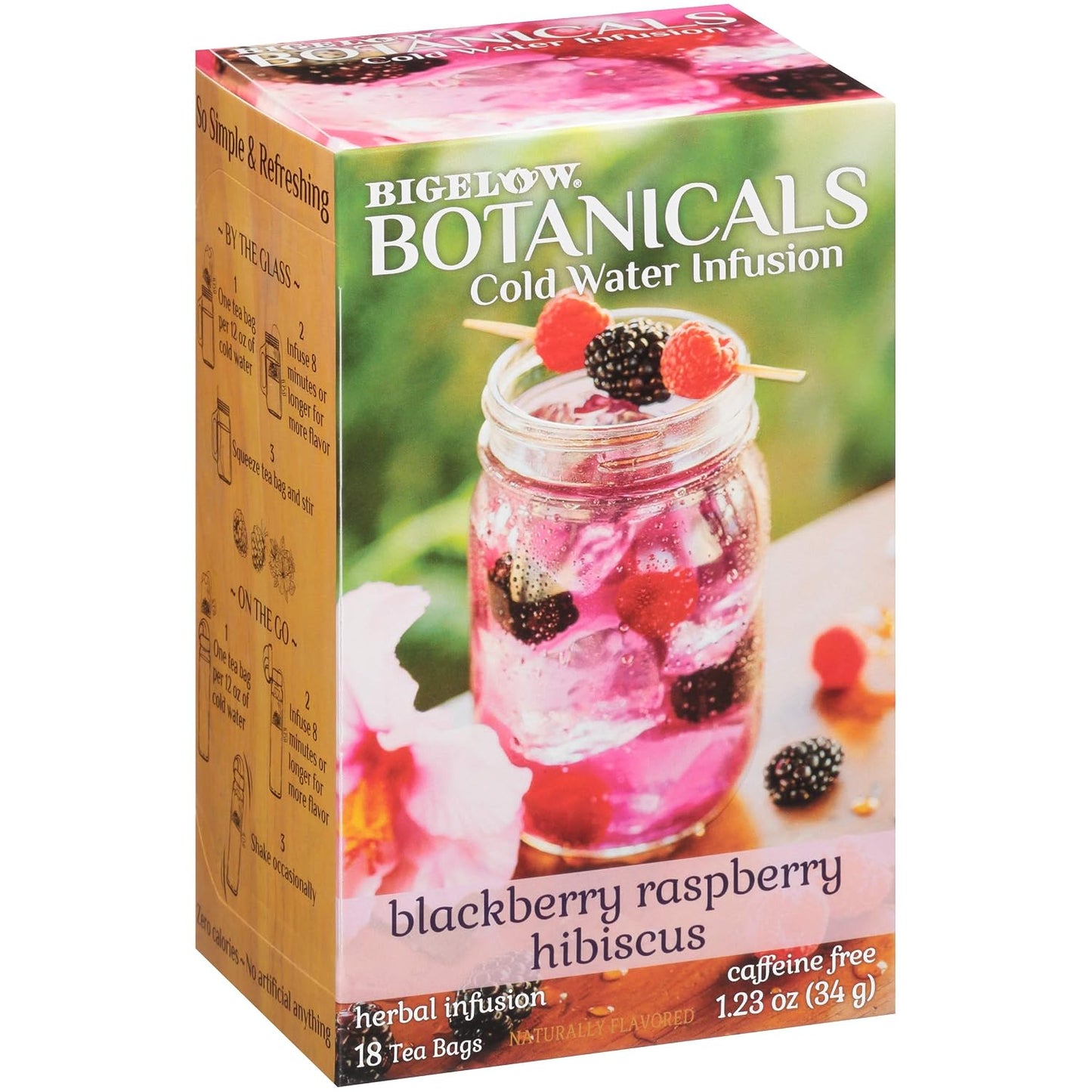 Bigelow Tea Botanicals Blackberry Raspberry Hibiscus Cold Water Infusion | Caffeine Free Tea with Blackberry and Raspberry Flavor, 18 Count (Pack of 6), 108 Total Tea Bags