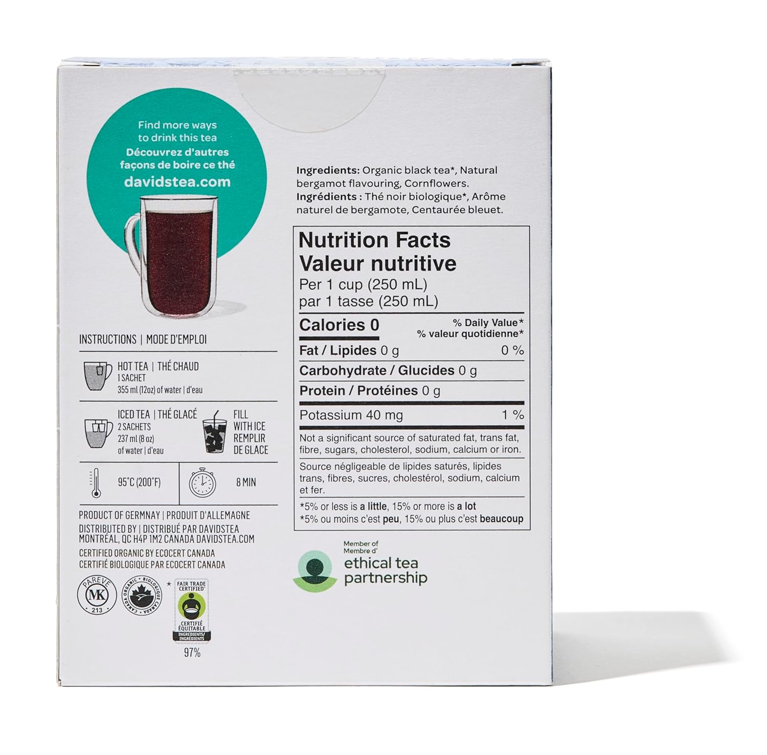 DAVIDsTEA Organic Earl Grey Tea Bags Black Tea with Natural Bergamot Oil – High Caffeine – 12 Count – Bold, Citrusy, Classic Breakfast Tea Blend with a Smooth & Aromatic Finish