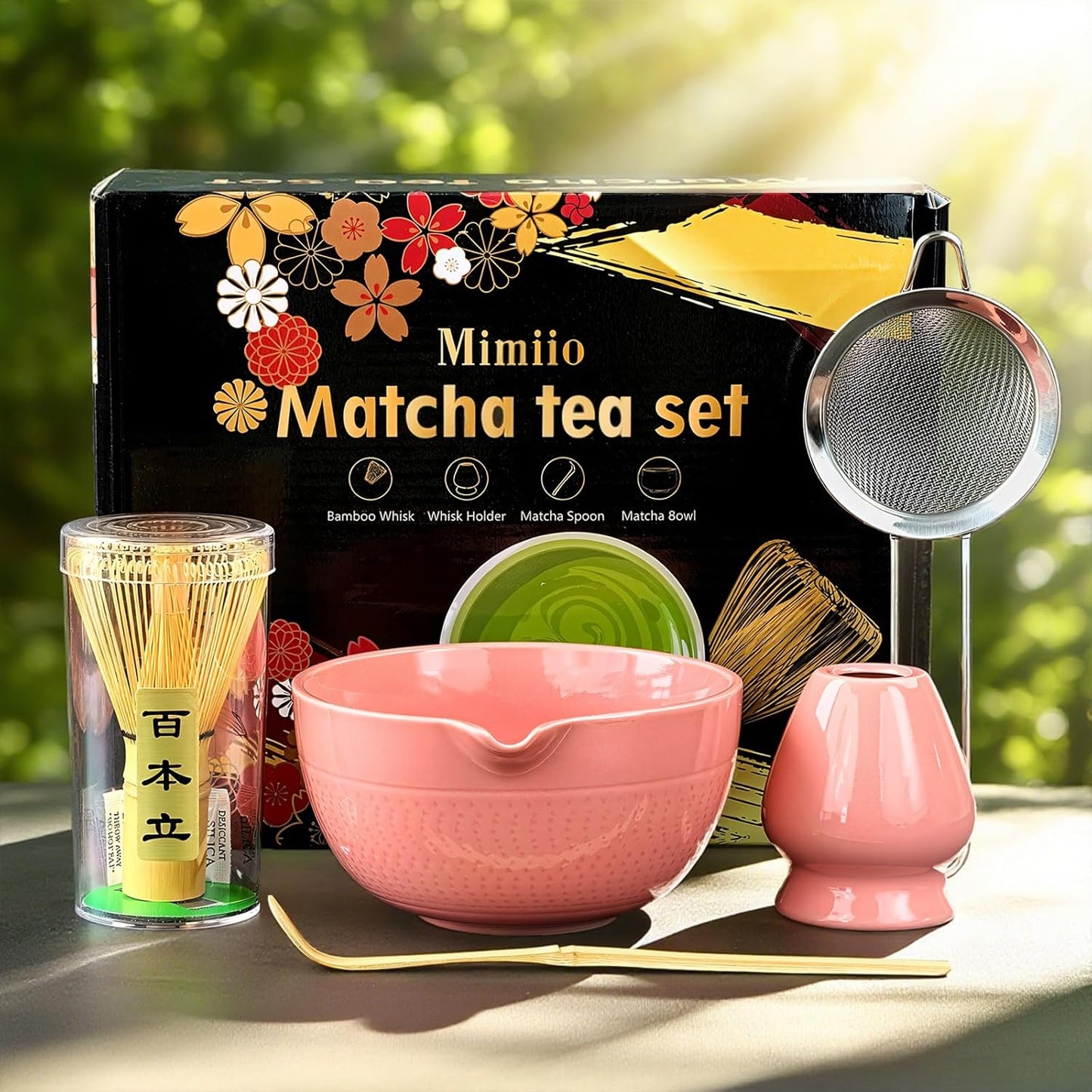 Mimiio Pink Matcha Whisk Set, 5 Pcs - Pink, Ceramic &amp; Bamboo, Japanese Traditional Matcha, Includes Bowl, Whisk, Holder, Sifter, Scoop
