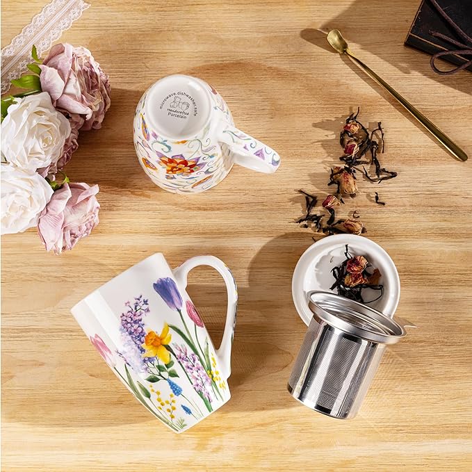 Gbhome Tea Mug with Infuser and Lid, 18 Ounce Large Ceramic Loose Leaf Cup, Microwave, Dishwasher Safe, Perfect for Tea Lovers