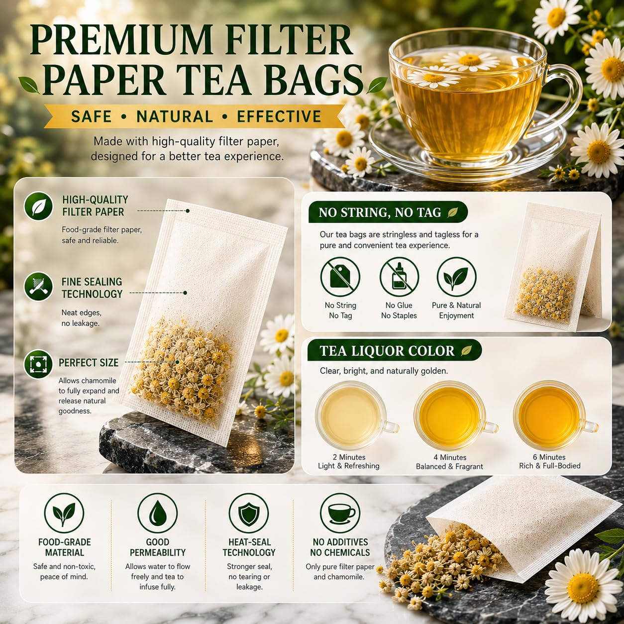 WOTIHA Chamomile Tea Bags, Pure Chamomile Flowers, Caffeine-Free, 75 Count | Chamomile flower herbal tea for evening and bedtime routines; caffeine-free, sugar-free, additive-free, vegan and Non-GMO.