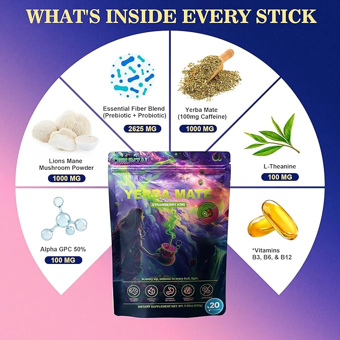 Yerba Mate Sticks Tea Powder - Strawberry Kiwi Single Serve Sticks - Instant Tea Powder On The Go - Nootropic, Prebiotic & Probiotic Mix with Vitamin B3, B6 & B12 - Sugar-Free - 20 Servings