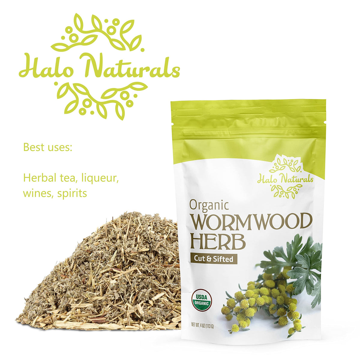 Halo Naturals Organic Wormwood Herb Cut & Sifted, 4 Ounces (Artemisia Absinthium) USDA Certified Wormwood Tea | Non-GMO