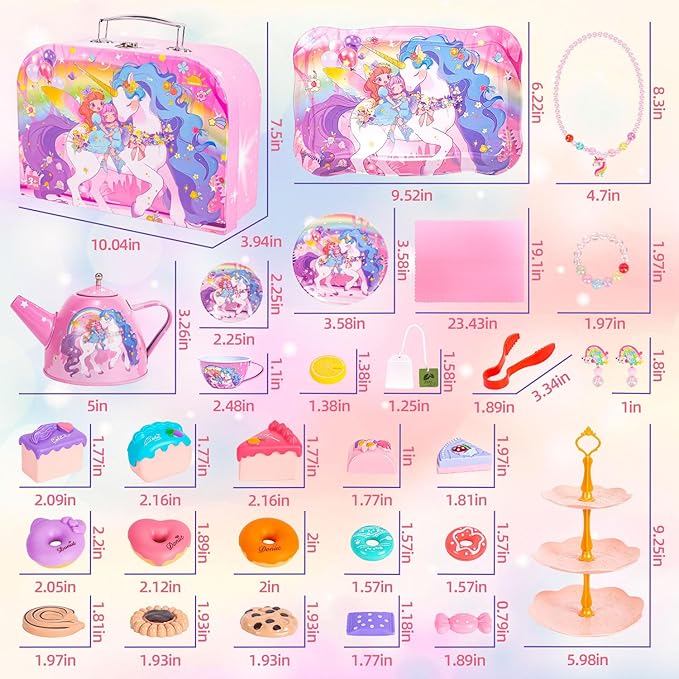 Unicorn Tea Party Set for Little Girls, Toddler Princess Toy Tea Set, Pretend Play Teapot Dessert Tea Cup Set Food Kitchen Playset