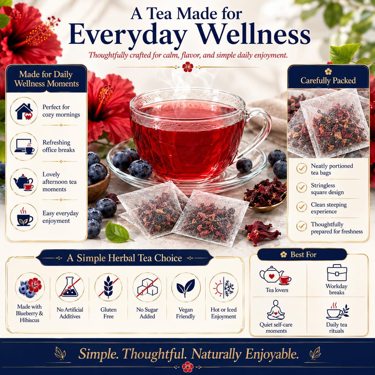 WOTIHA 60 Count Premium Blueberry Hibiscus Tea Bags - 100% Natural, Sweet &amp; Tangy Flavor, Rich in Antioxidants, Enjoy Hot or Iced, Caffeine-Free, Additive-Free, Sugar-Free, Vegan