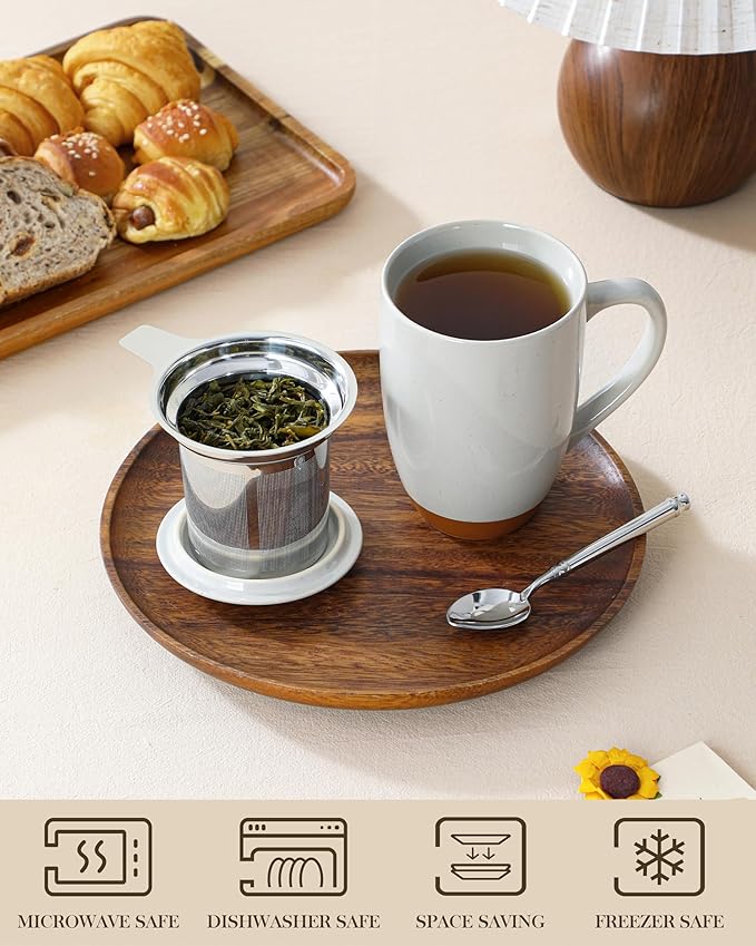 Malacasa Ceramic Tea Mug with Lid and Stainless Steel Infuser, 18 oz Large Tea Cup for Loose Leaf Tea, Heat-Resistant, Microwave & Dishwasher Safe