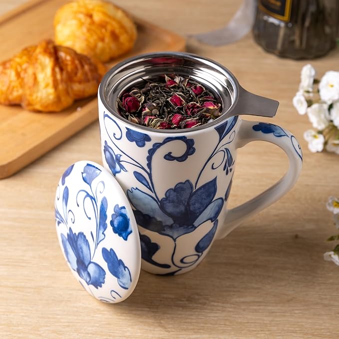 Gbhome Tea Mug with Infuser and Lid, 18 Ounce Large Ceramic Loose Leaf Cup, Microwave, Dishwasher Safe, Perfect for Tea Lovers
