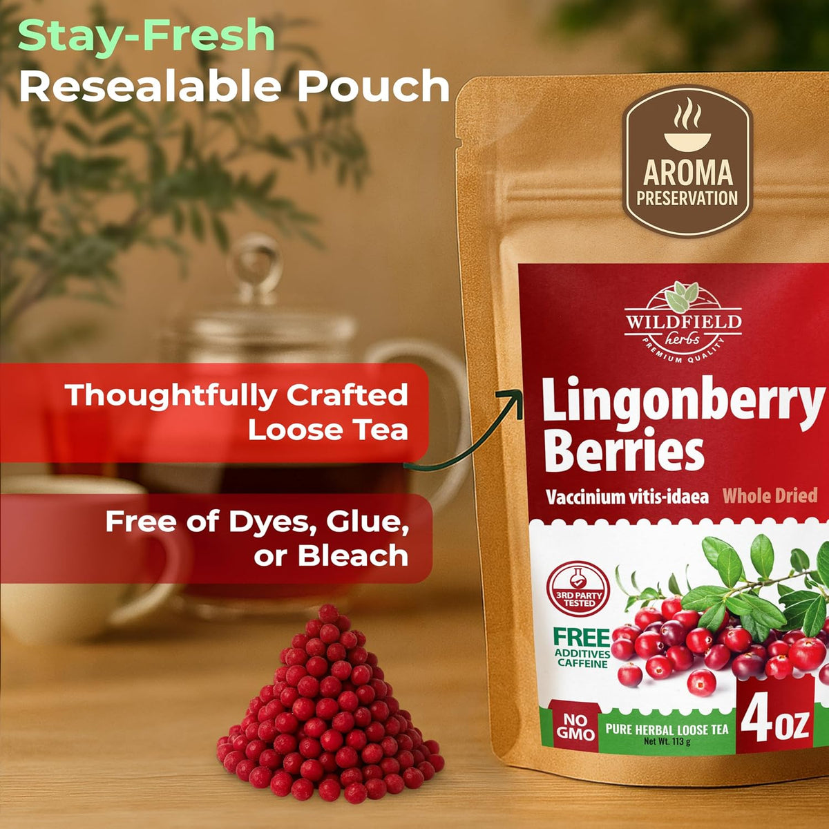 4 oz. Cowberry Lingonberry Whole Berries Tea (Vaccinium vitis-idaea L)