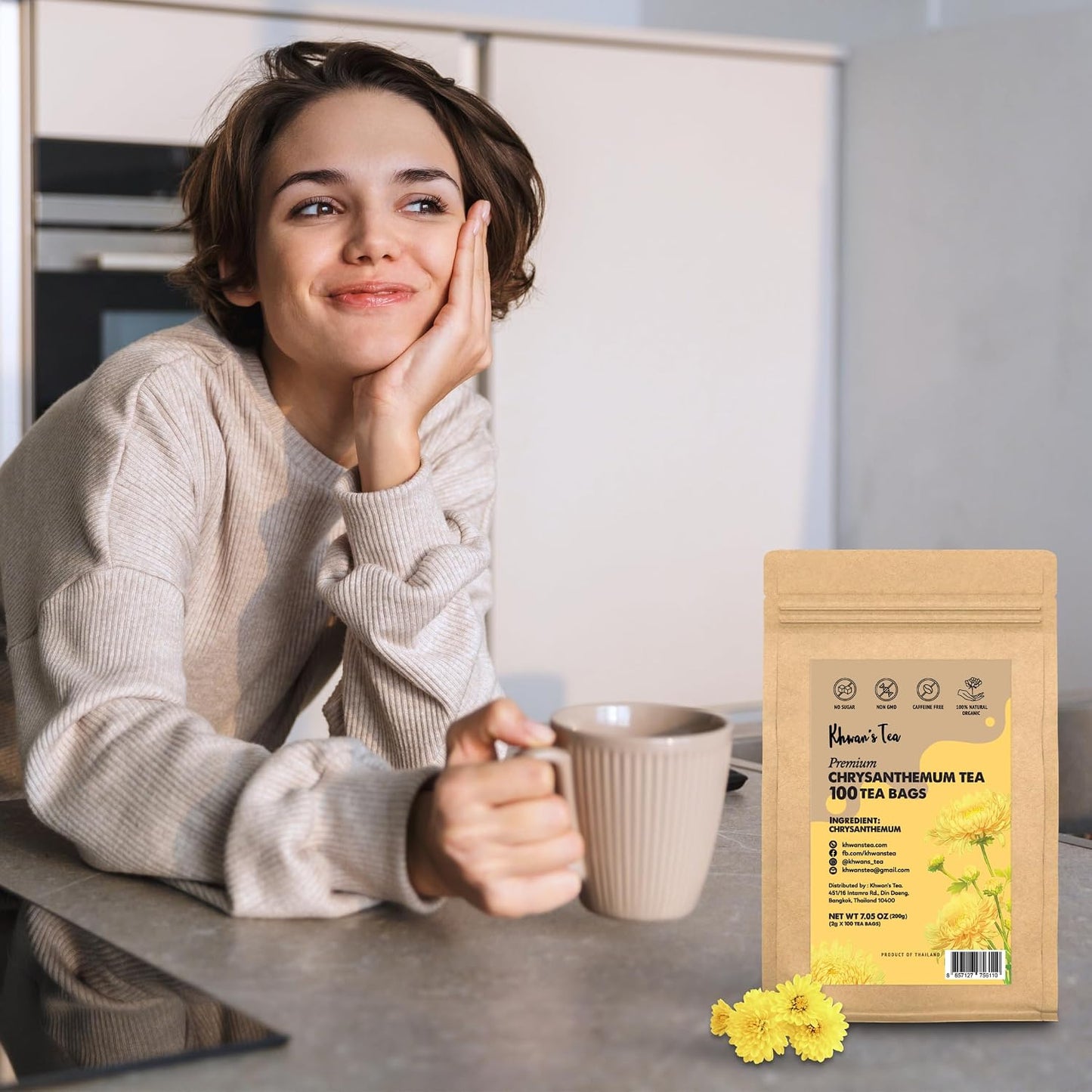 KHWAN'S TEA Organic Chrysanthemum Tea Bags, Caffeine-Free, 100 Count | Organic chrysanthemum tea bags, dried chrysanthemum flower tea, Thai sun-dried whole flowers, USDA Organic, caffeine-free