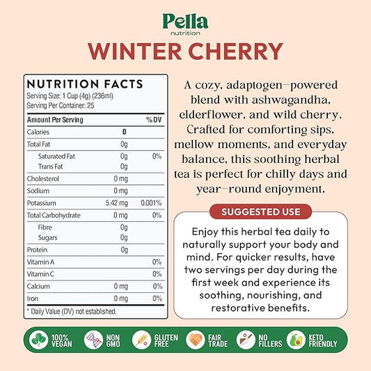 Winter Cherry Ashwagandha Herbal Tea – With Strawberry, Cranberry, Apple, Elderflower, Cornflower – Vegan, Kosher, Caffeine-Free – Hot or Iced Tea Bags – Adaptogenic & Immune Health Support (25 Count)