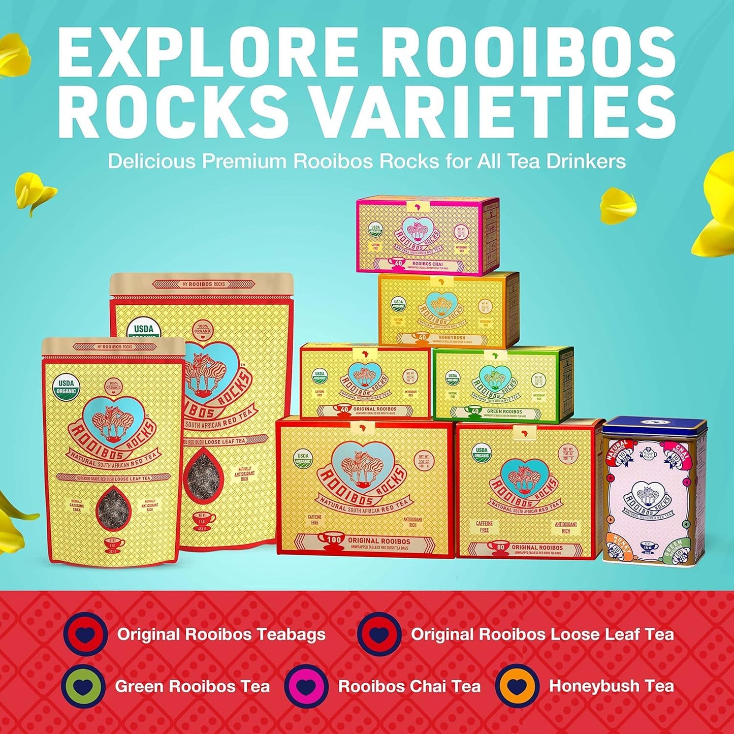 Rooibos Rocks Organic Rooibos Tea Bags - Caffeine-Free, 200 ct | USDA Organic • Microplastic-Free Tagless Pillow Tea Bags • Naturally Mildly Sweet Flavor • Hot or Iced