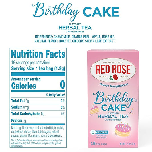 Red Rose Sweet Temptations Dessert Tea Birthday Cake, Zero Carbs, Zero Sugar Bursting with Flavor Caffeine-Free Delicious Beverage Herbal Tea, 18 Count Pack of 6 Fruit Naturally Flavored Herbal Tea