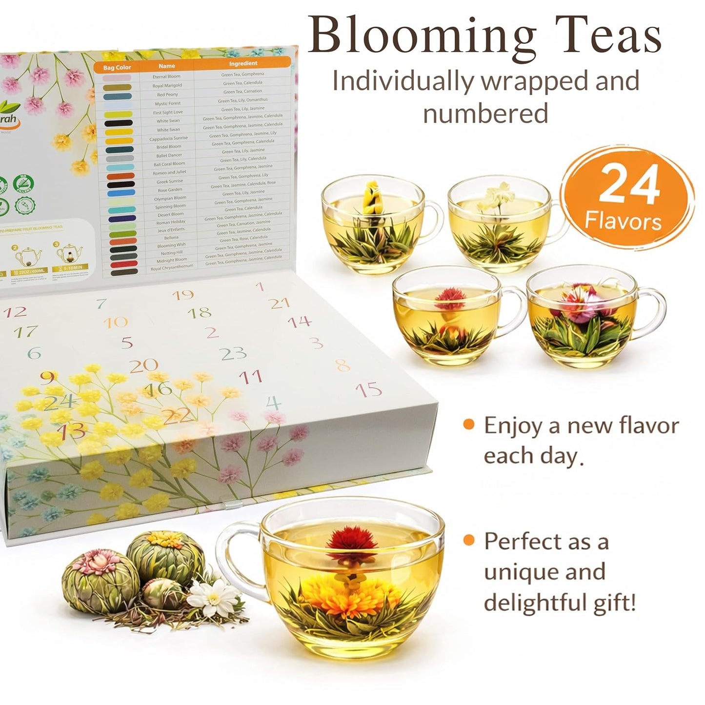 Blooming Tea & Edible Flower Infusions, Green Tea, 24 Unique Flavors Gift Set for Everyone – Natural, Floral & Aromatic Teas in Extra Large Premium Gift Box