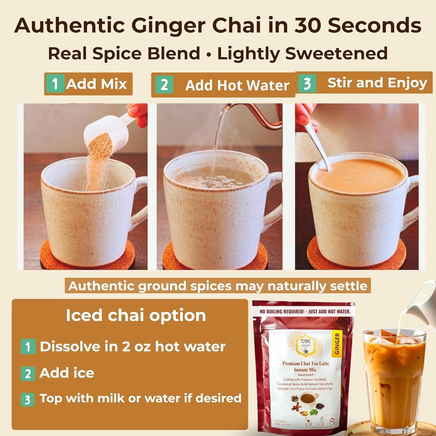 T2GO Instant Ginger Chai Latte Powder – Authentic Indian Chai Tea Mix | Low Sugar | Instant Chai Latte