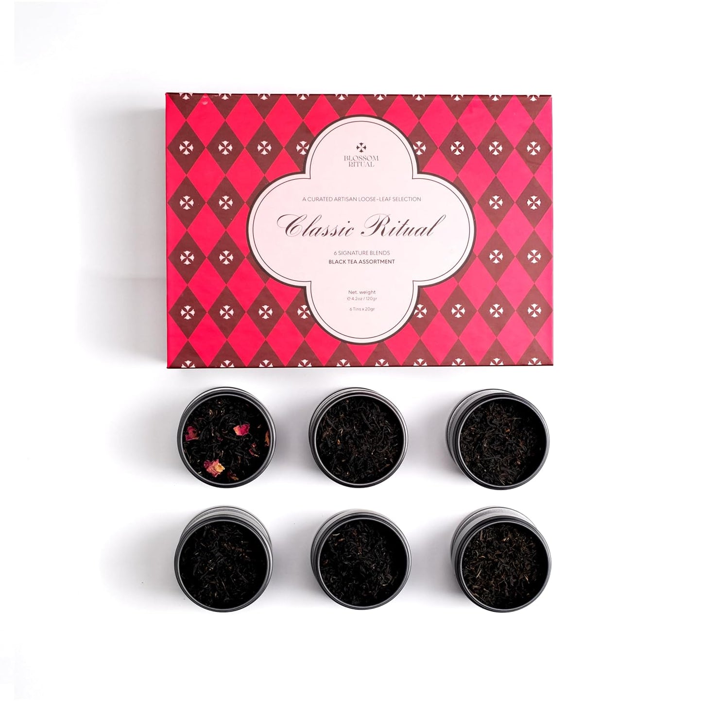 BLOSSOM RITUAL Classic Ritual Black Tea Gift Set – 6 Loose‑Leaf Artisan Tins – Earl Grey, Crimson Rose, Autumn Orange &amp; More – Elegant Tea Sampler – 4.2oz