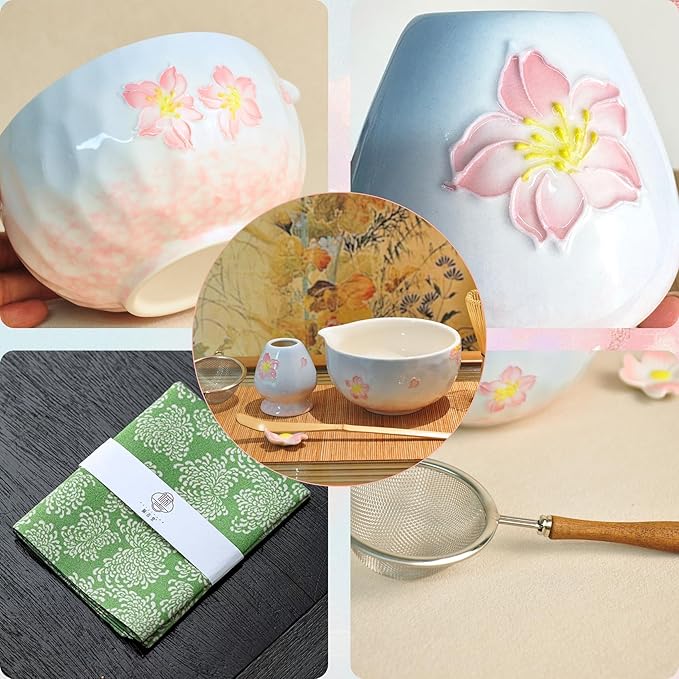Matcha set with tray 8pcs, Japanese Matcha Kit includes Ceramic Matcha Bowl, Bamboo Matcha Whisk (Chasen), Whisk Holder, Macha Scoop(Chashaku)