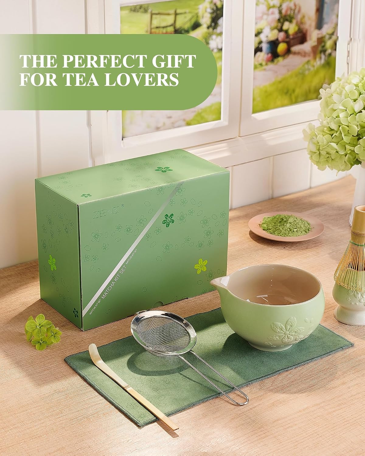 ZENS Premium Matcha Whisk Set, 6pcs Matcha Kit for Matcha Latte, Green | Ceramic Matcha Set Icludes Ceramic Bowl, Bamboo Whisk, Chasen Holder, Scoop, 304 Sifter &amp; Tea Mat, Japanese Tea Ceremony