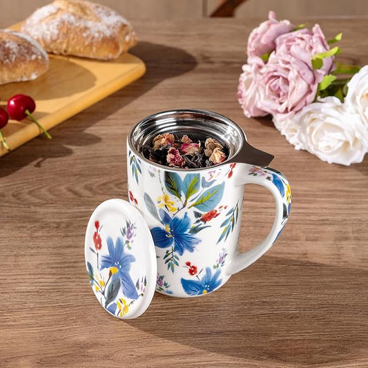 AmorArc Porcelain Tea Mug with Infuser and Lids, 18 Oz Coffee Cup Strainer with Bag Holder for Loose Leaf Tea