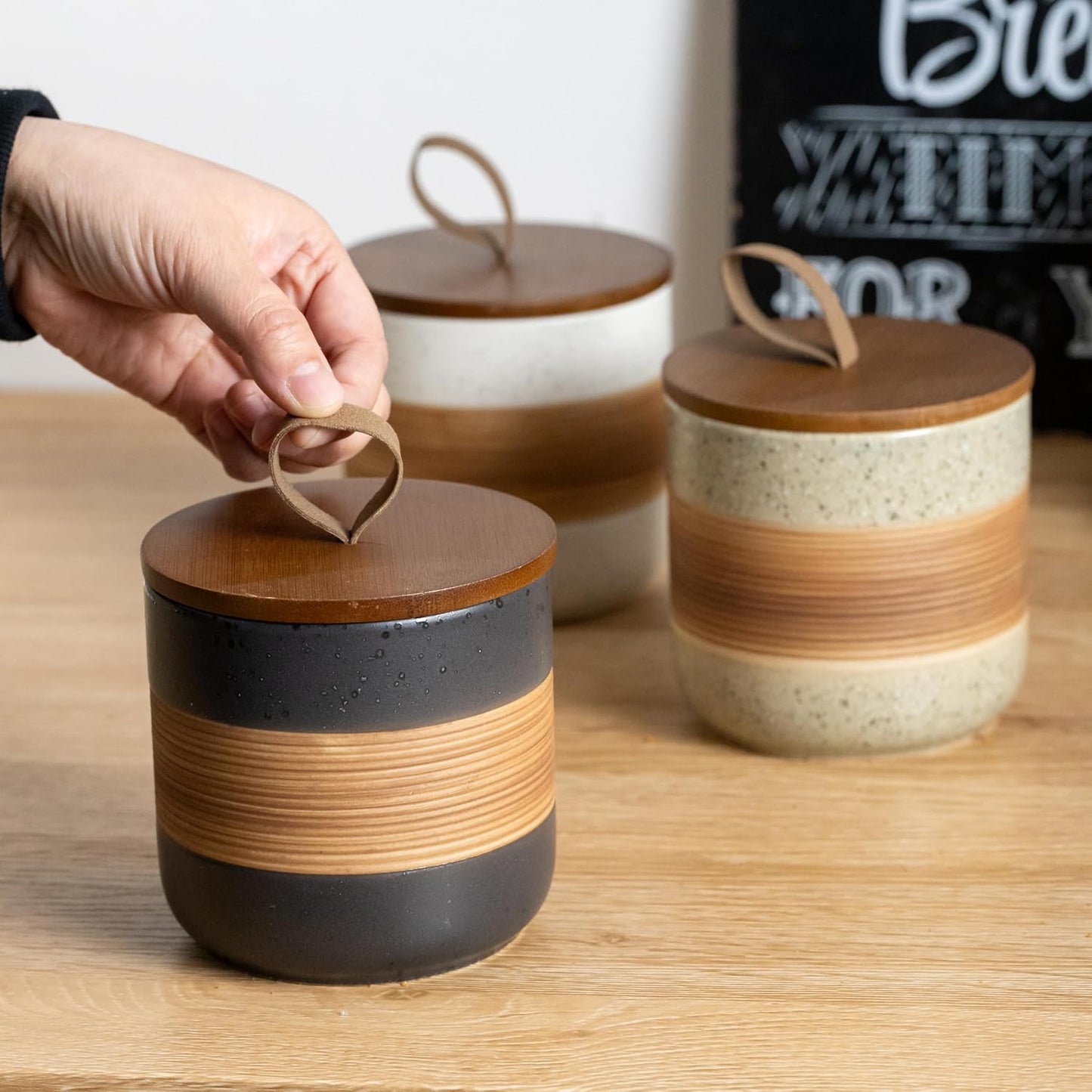 Miamolo Ceramic Coffee Jar with Lid, Coffee Canister for Ground Coffee | Airtight Container Fit Sugar Tea Bag Food Storage | Decorative Jars Kitchen Countertop, for Coffee Lovers Gift | Black &amp; 18oz